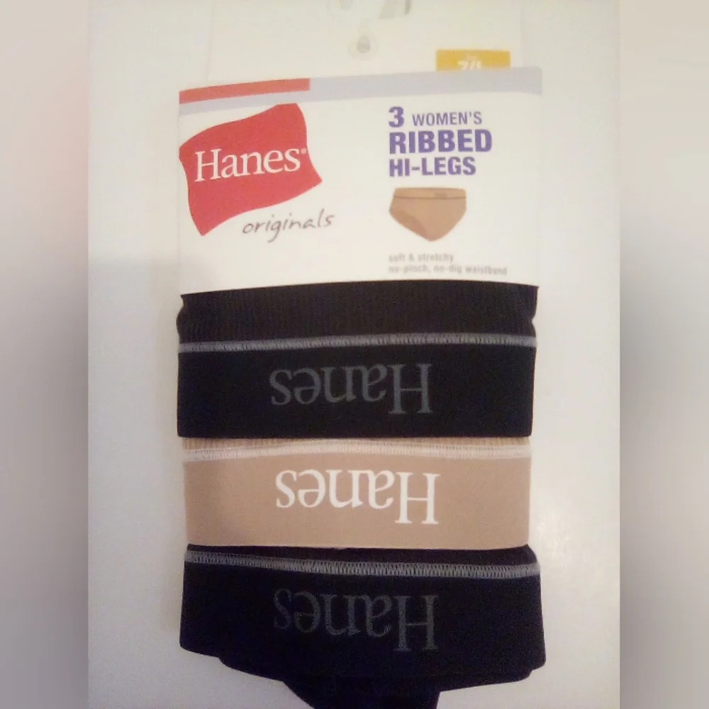 Hanes originals 3 Women's Ribbed Hi-Legs Panties Size 7/L Black&Tan